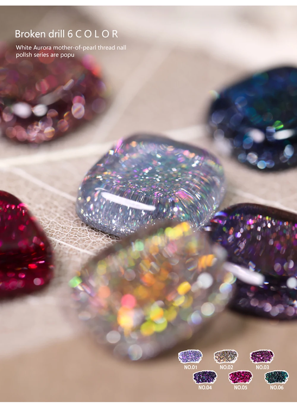 Vendeeni 6 Farben/Set Laser Glitter Broken Diamond Gel Nagellack UV Soak Off Gel Lack Superglänzender Gel-Lack für Nagelkunst – Detail 6