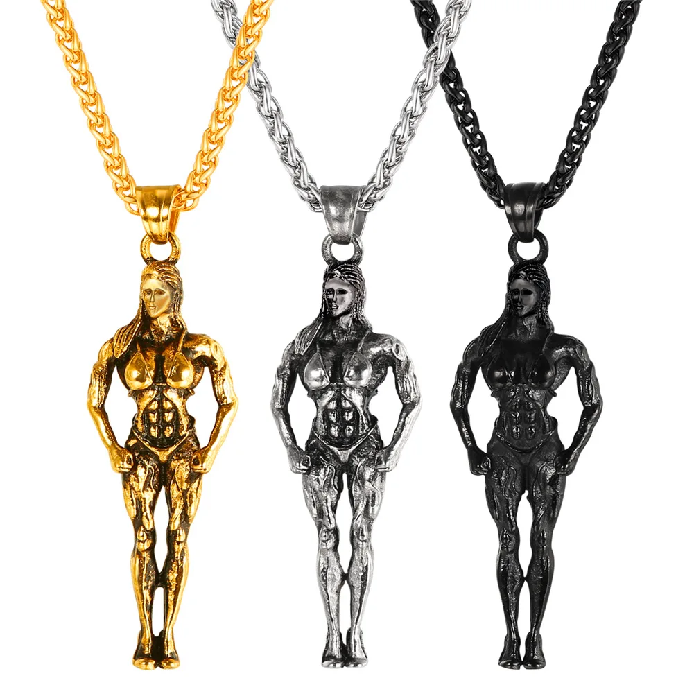 Fitness Sport Women Athlete Pendant Gold/Black Color Bodybuilding Muscle Stainless Steel Champion Gift Hip Hop Necklace QC24