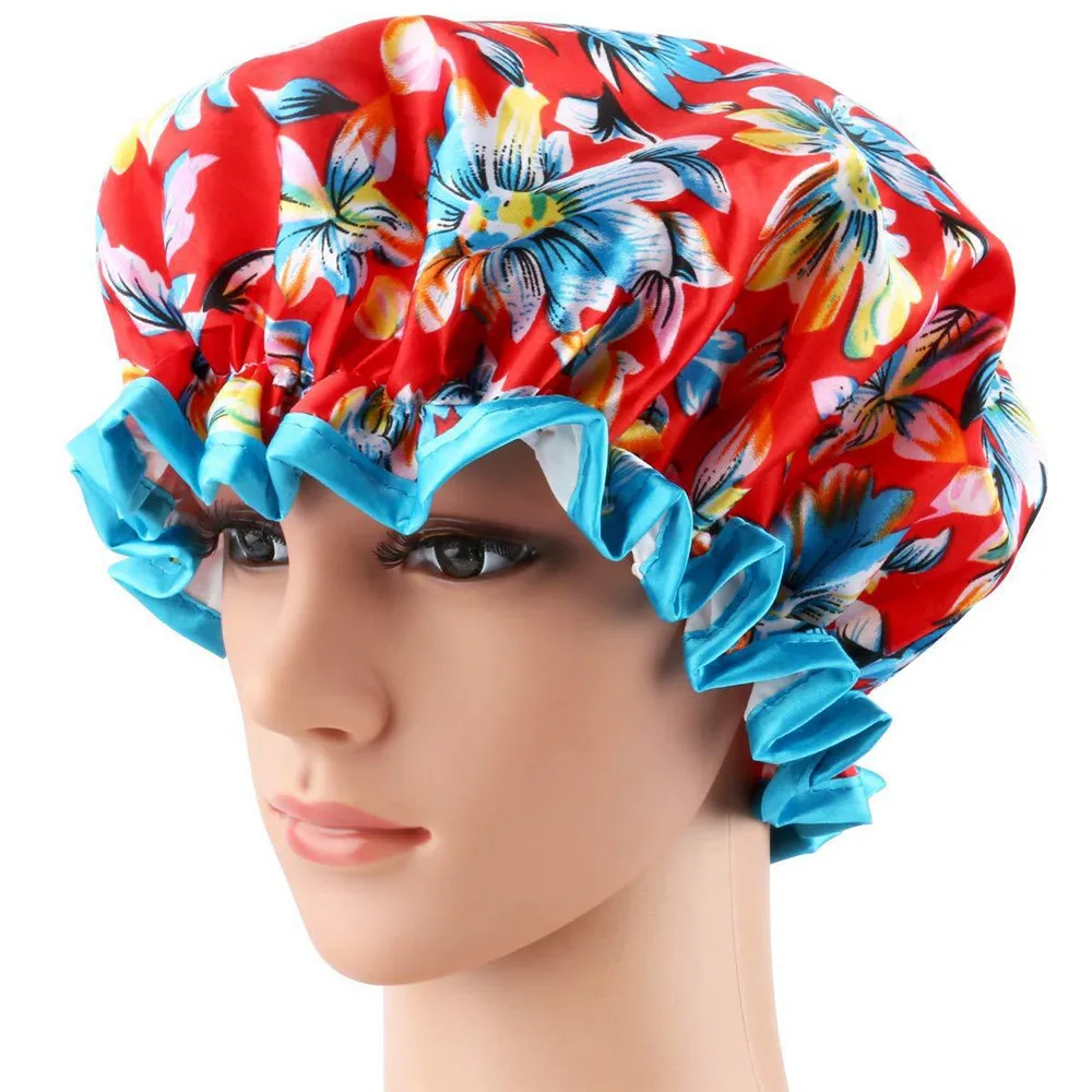 1PC Waterproof Shower Cap Double Layer Hair Cover Salon Elastic Thicken Hat for Women Bath Hat Reusable Satin Bonnet Fashion New