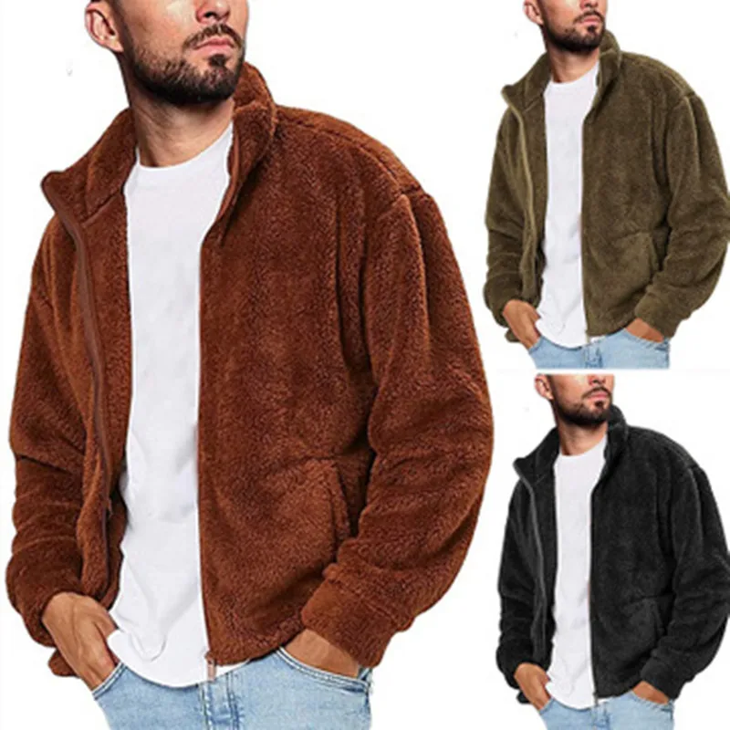 2021 Hot Sale Pure Color Warm Cold-Proof Fleece Jacket Men's Sports Casual Zipper Cardigan Sweater