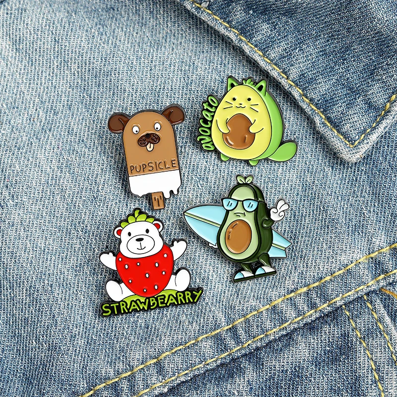 Fruit Enamel Pin Dog Popsicle Avocado Cat Bearberry Plant Brooches Lapel Pin Anime Badge Jewelry Gift for Kids Friends Wholesale