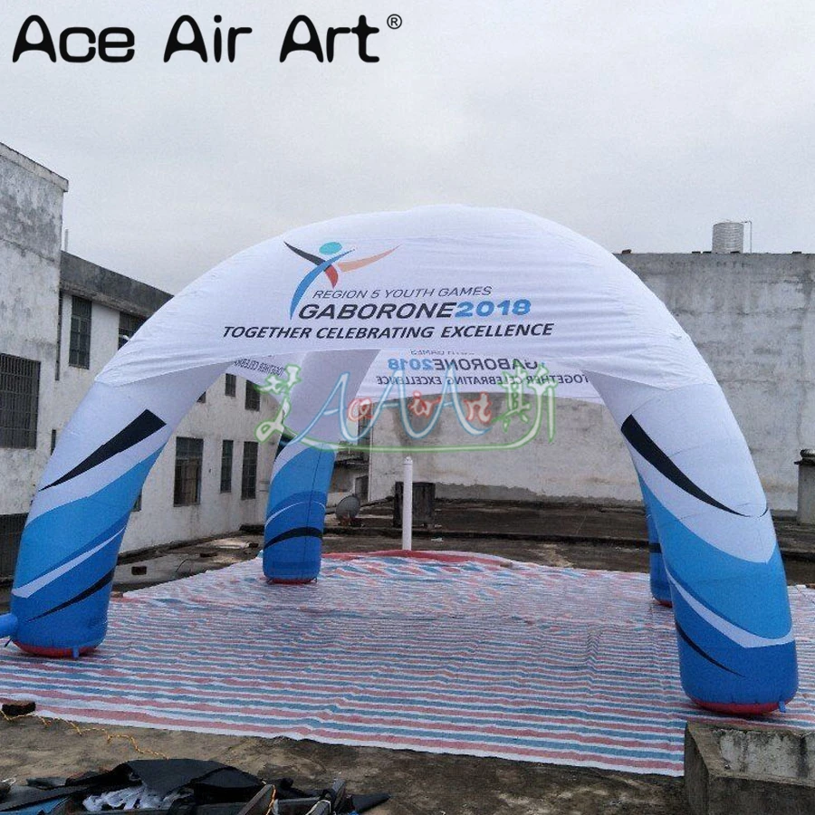 Custom White and Sky Blue Inflatable Spider Dome Tent with Logos 4 Beams 6m Diameter for Sports