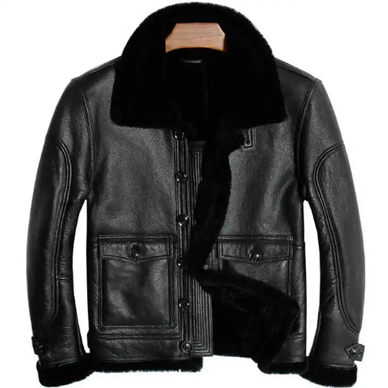 

Mens Sheepskin Coat Winter Genuine Leather Jacket Motorcycle Pilot Basic Vintage Black Fur Collar Classic Thick Warm Cashmere