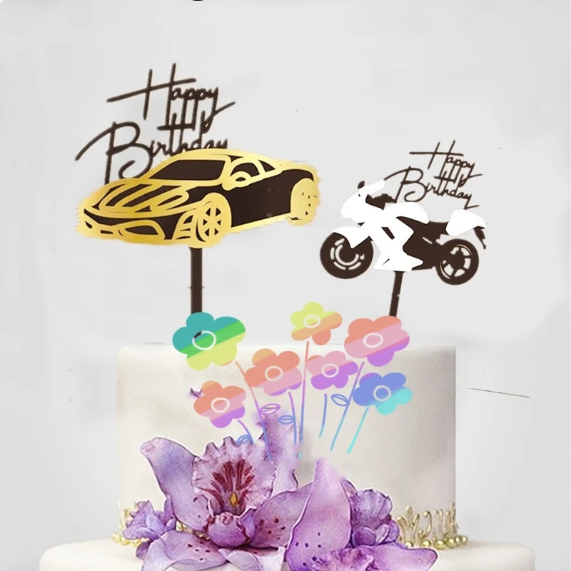 New Sports Car Happy Birthday Cake Topper Golden Motorcycle Acrylic cake Toppers for Baby shower Birthday Party Cake Decorations