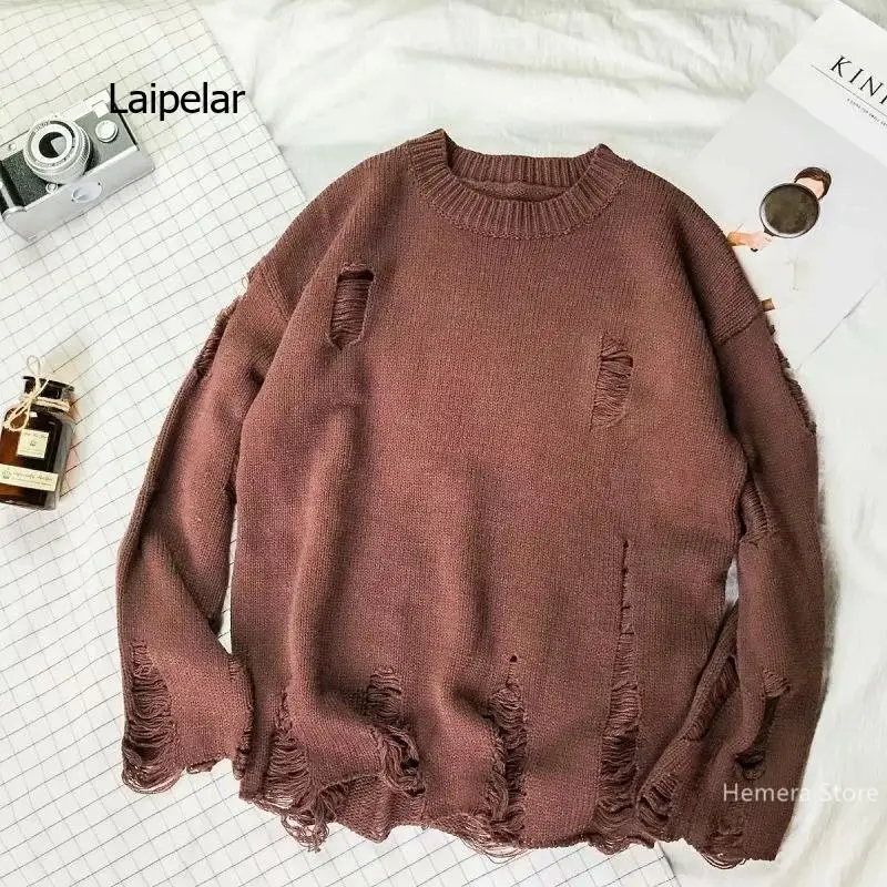 Torn knit blouse with hole hip hop pullover for men and women winter outfit