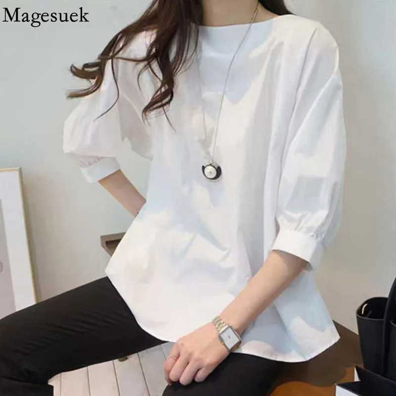 Korean Lantern Short Sleeve White T-shirts Tops Casual Crew Neck Loose Blouse Women 2021 Fashion Summer Shirt Tees Blusas 15740