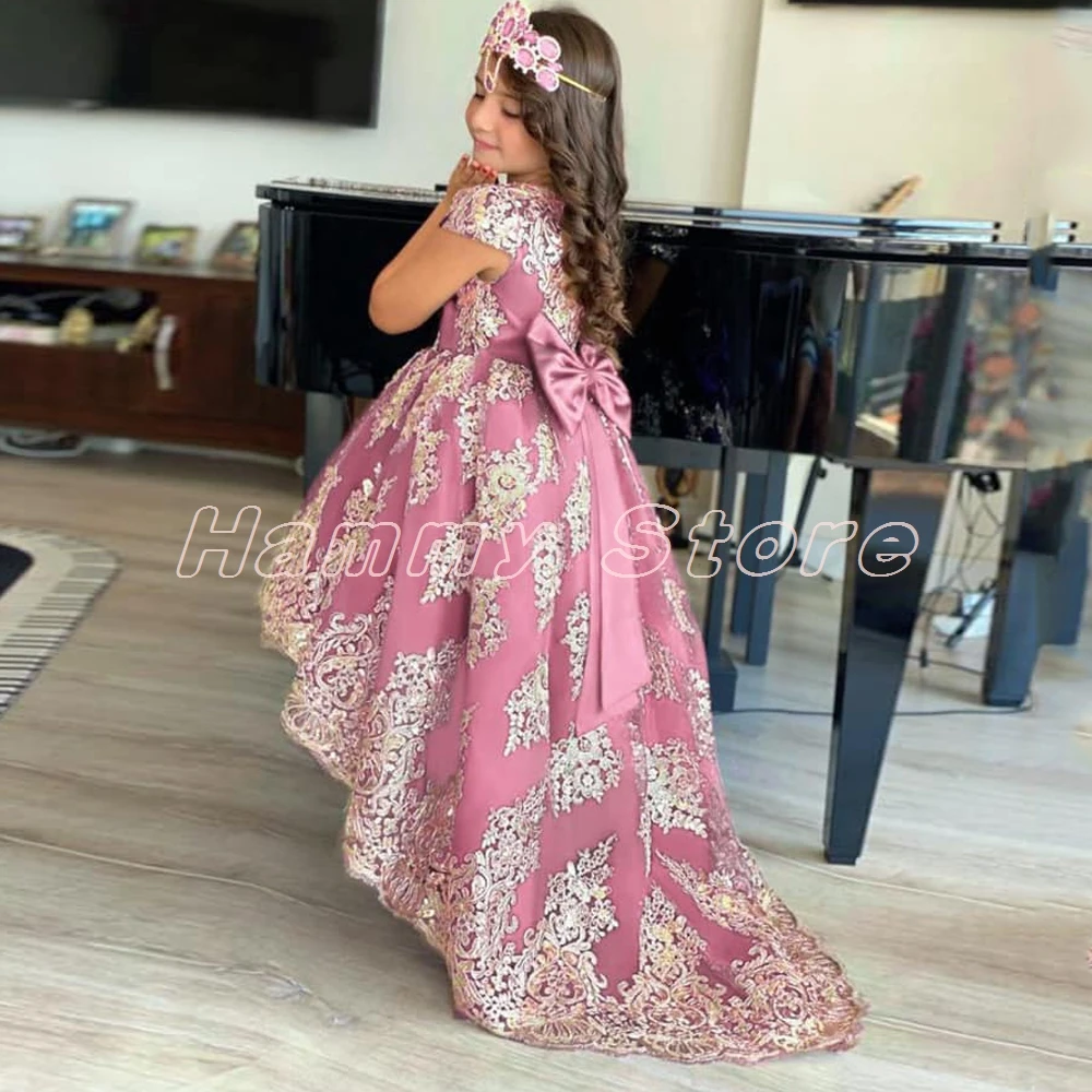 Princesa Flower Girl Dress, Mangas curtas, Applique Dourado, Hi-lo, Vestidos de festa, Concurso, Casamento