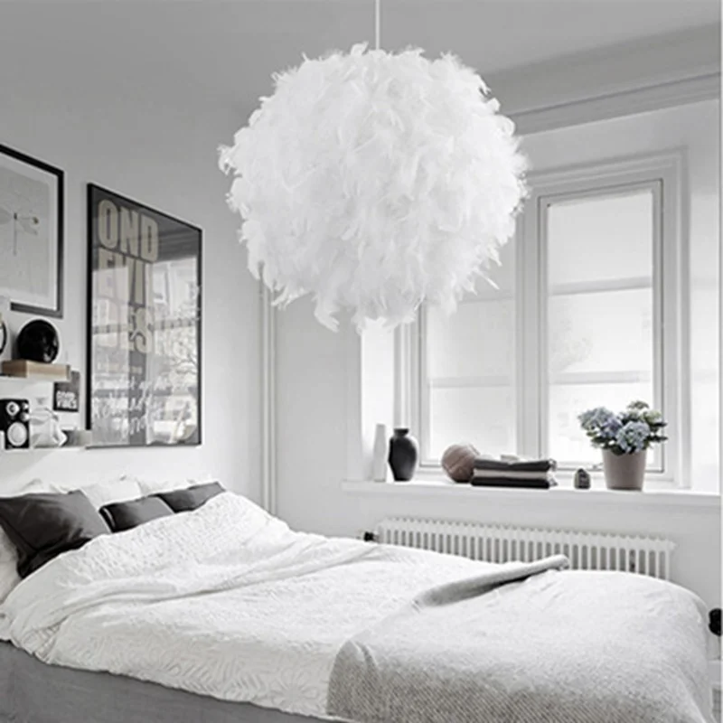 30CM White Feather Shade Droplight Lamp Hanging Ball Bedroom LED Ceiling Light KYY1008