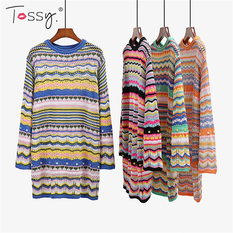 Tossy Vakantie Gehaakte Jurk Cover Up Sexy Boho Herfst Lange Mouwen Truien Strand Jurk Vrouwelijke Casual Hollow Out Party Jurken