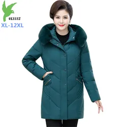 2026 New Padded Jackets Winter Women's White Duck Down Coat Thick Warm Hooded Fur Collar Middle-aged Female Loose Outwear G774