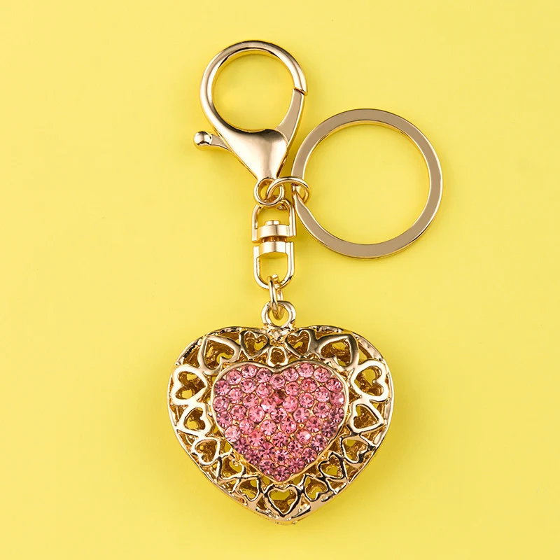 Metal Crystal Hollow Love Heart Keychain Rhinestone Trinket Women Couple Pendant Bag Car Key Ring Jewelry Lanyard Accessory Gift