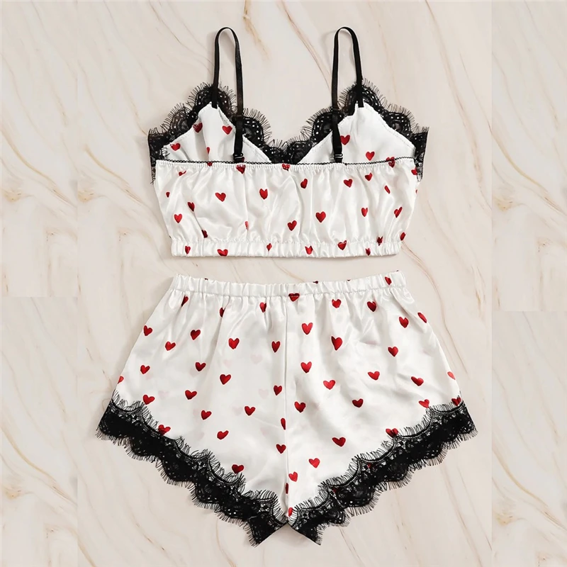 New Sexy Lingerie Pajamas For Women Home Clothes Nightie V-Neck Love Heart Print Lace Satin Bowknot Shorts Set