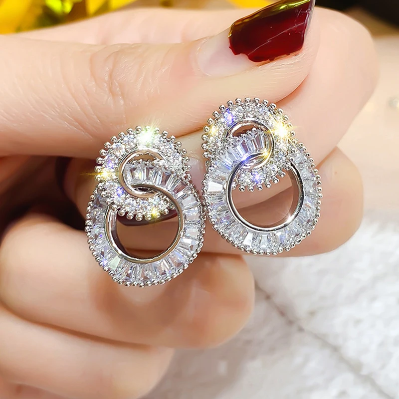 Silver Color Round Cute Bling Zircon Stone Stud Earrings for Women Fashion Wedding Bride Jewelry 2021 New Korean Party Earrings