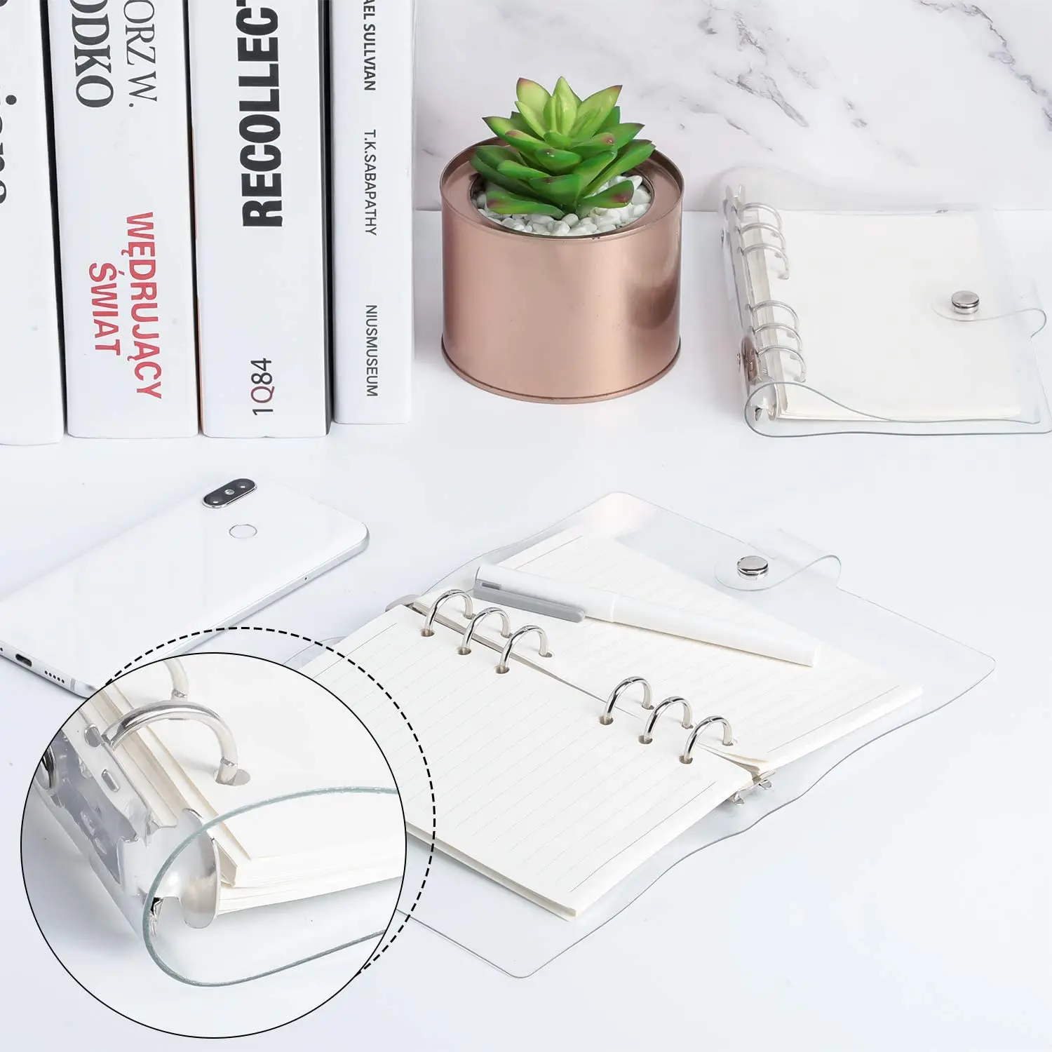 A5/A6 Transparent PVC Soft 6-Ring Binder Cover Snap Button Closure Clear Loose Leaf Folder Notebook Round Ring Binder Cover