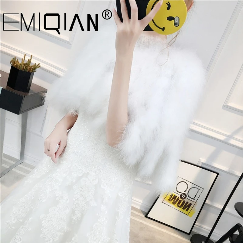 High Grade Real Ostrich Fur Feather Women Bolero White Bridal Cape Cloak Natural Fur Winter Autumn Wedding Wrap Shawl Bride Coat