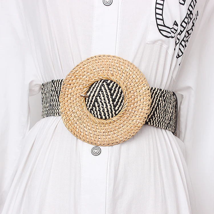 

Wooden Buckle Dress Belt For Women Casual Female Braided Wide Strap Female Designer Woven Girls Elastic PP Straw Belts BZ339