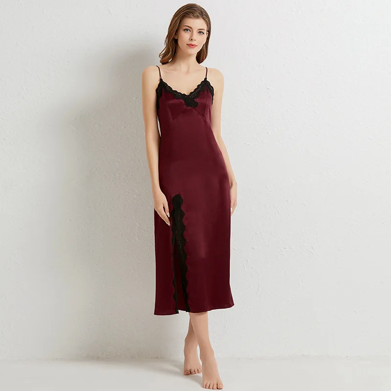 

Red Sexy Women 100% Silk Nightgown Lace Trim V-neck Suspender Skirt Sleepwear Nighty Spring New Long Sleep Dress Kimono Gown