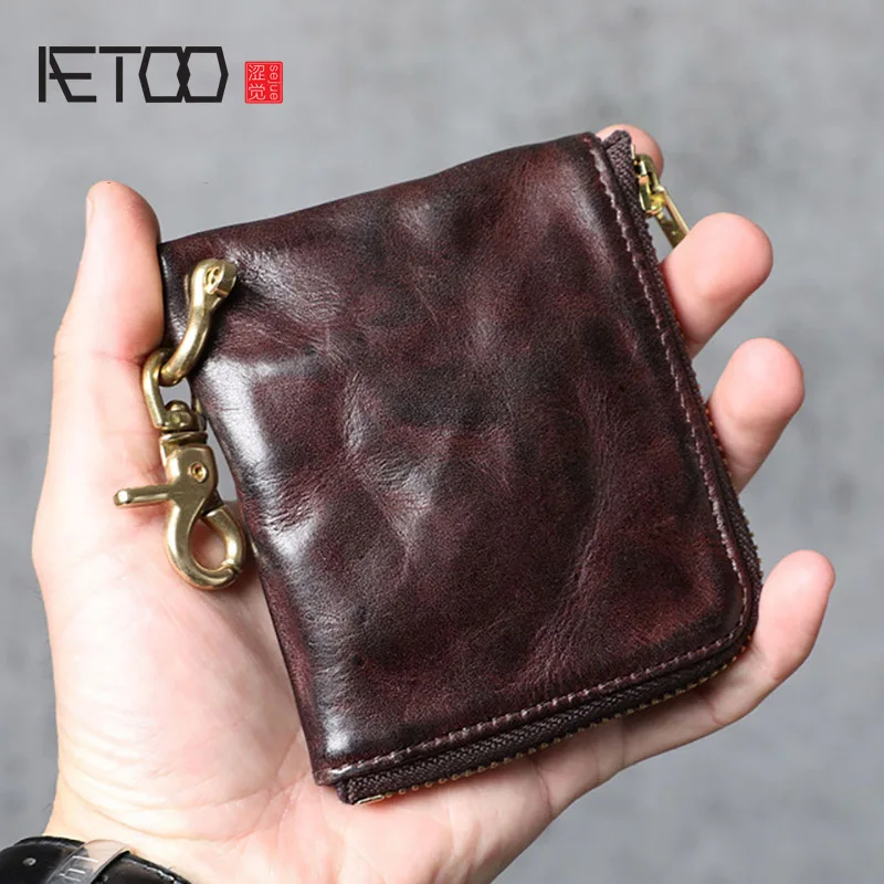 

AETOO Simple first layer cowhide wallet, vegetable tanned leather card holder, mini handmade pure copper coin purse