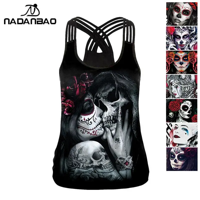 NADANBAO Sexy Hollow Out Women Tank Tops Backless Female Streetwear Hallowenn Tops 3D Print Rose Vest Sleeveless Fitness Clothes