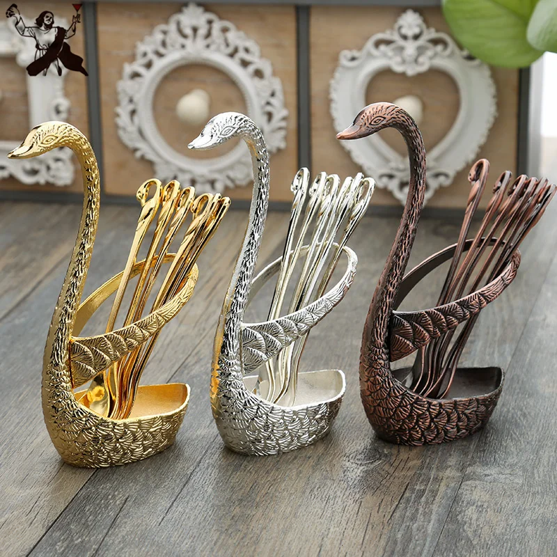 

Creative Swan Spoon Base Holder Fruit Forks Set Stainless Steel Salad Dessert Forks Spoon Coffee Cake Tools Tableware Bar Tool