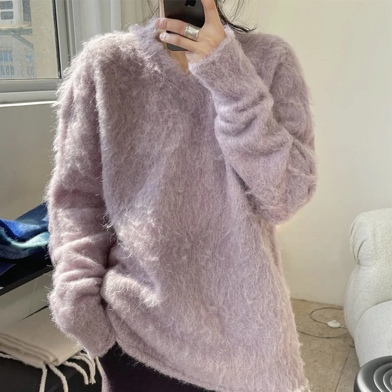 

New Women V-neck Flocking Sweater Female Solid Color Long Sleeve Fashion Thicken Knitting Top 2021 Autumn Winter N426