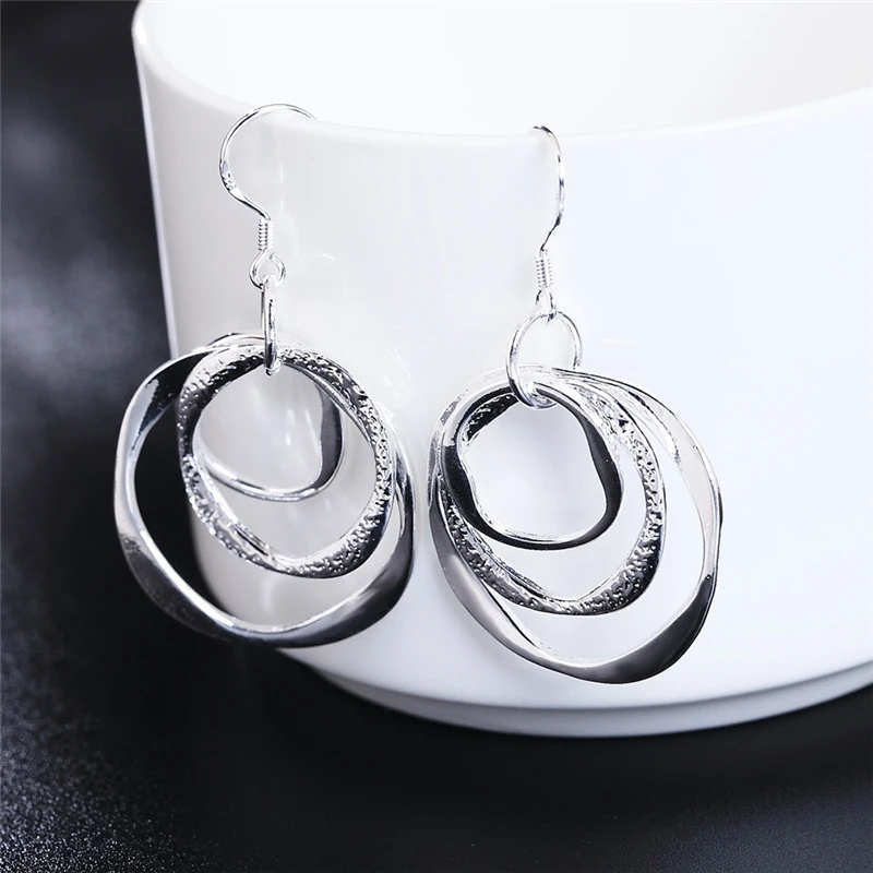 DOTEFFIL 925 Sterling Silver Three Circle Drop Earring For Women Lady Wedding Engagement Party Fashion Jewelry