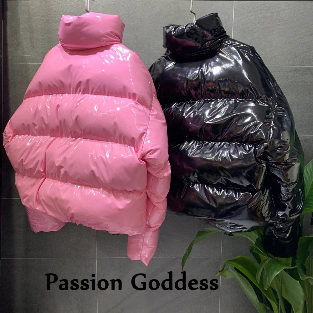 Winter Women Bright PU Pink Puffer Jacket Thick Bubble Coat Zipper Glossy Leather Down Parka Outerwear Stand Collar Loose Jacket