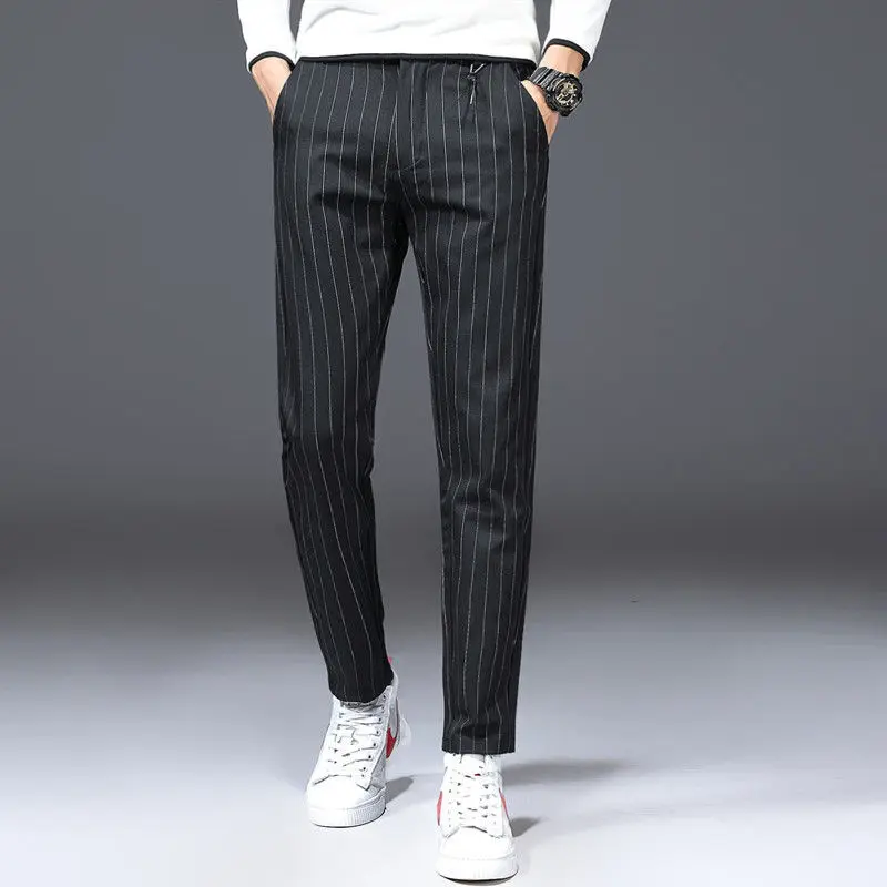 High Quality Men Pants Black Vertical Striped Suit Pants Autumn Mens Classic Business Elastic Waist Slim Plaid Casual Trousers