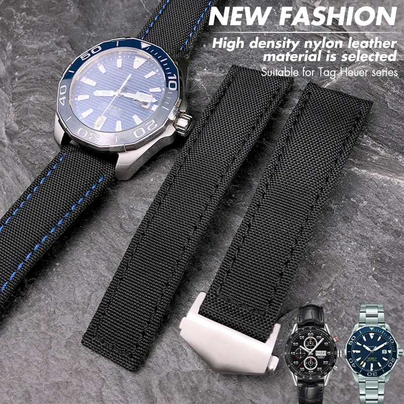 20mm 22mm High Quality Nylon Canvas Watch Band Suitable for Tag Heuer Aquaracer Carrera Watchband Black Leather Strap Free Tools