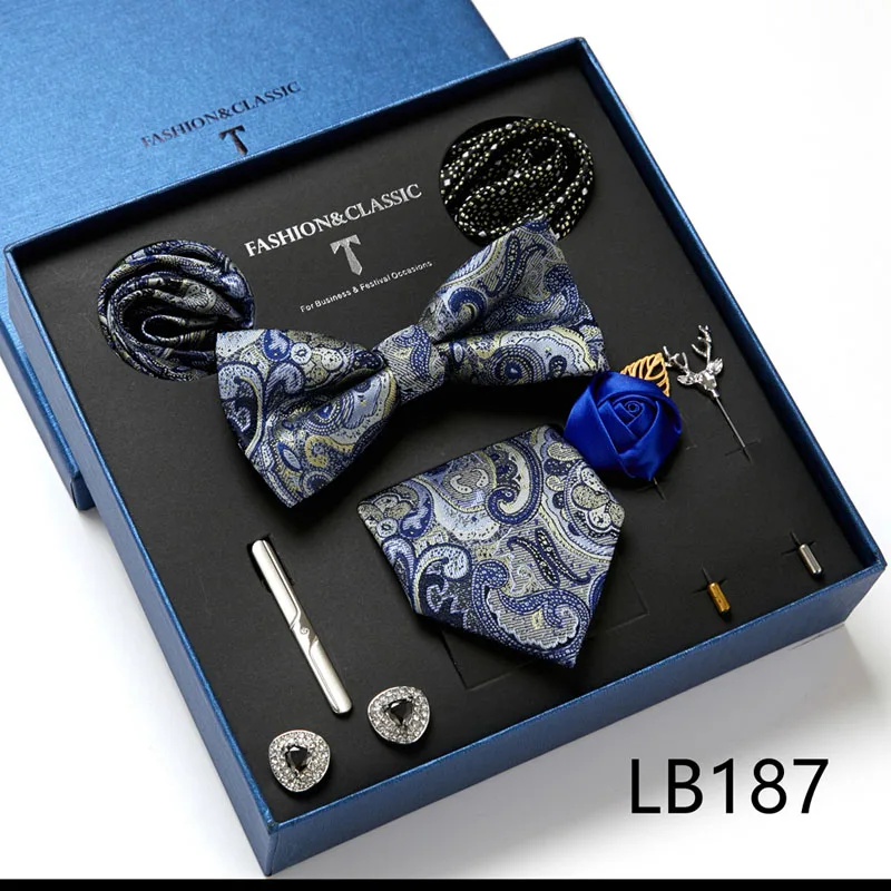 Hochwertige Geschenkbox für Feiertage, 7,5 cm, blaues Blumenmuster, Einstecktuch, Manschettenknöpfe, Krawattenclip, Krawatte für Herren, Geburtstagsgeschenk – Detail 25