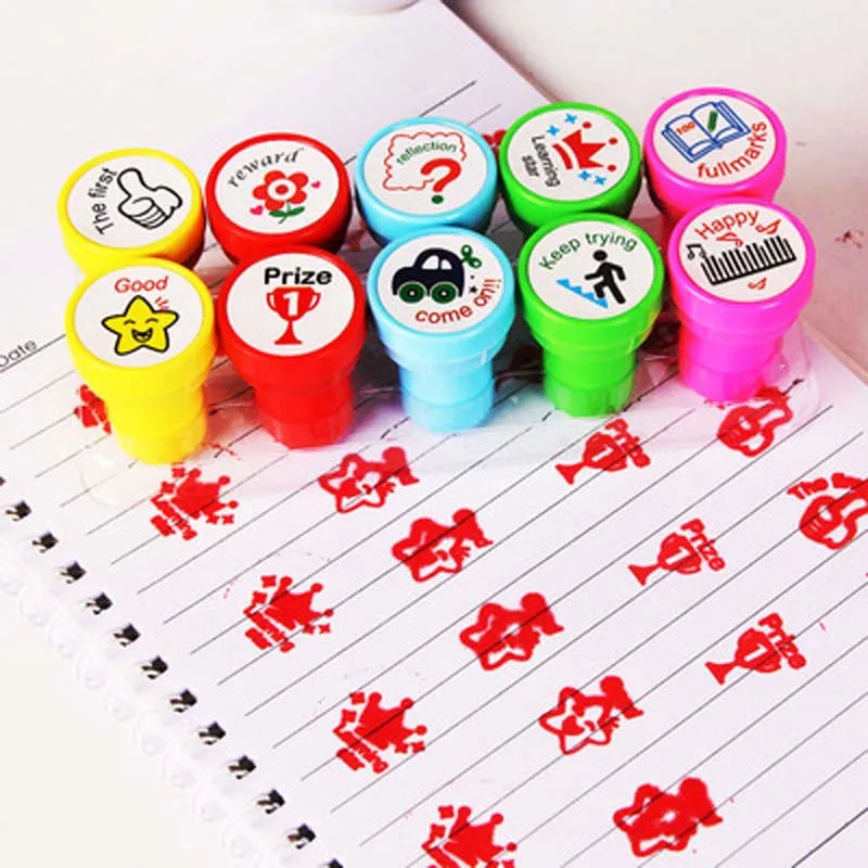 10pcs/Set Round Multicolor Fun  Cute English Child DIY Scrapbook Kids Stamp Cartoon Rubber Stamps Scrapbooking Reward Toy