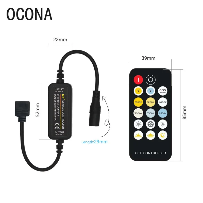 RF Remote CCT LED Controller For Bicolor LED Strip Light DC 5V~24V Color Temperature Adjustment Danymic White Dimmer 17-Key