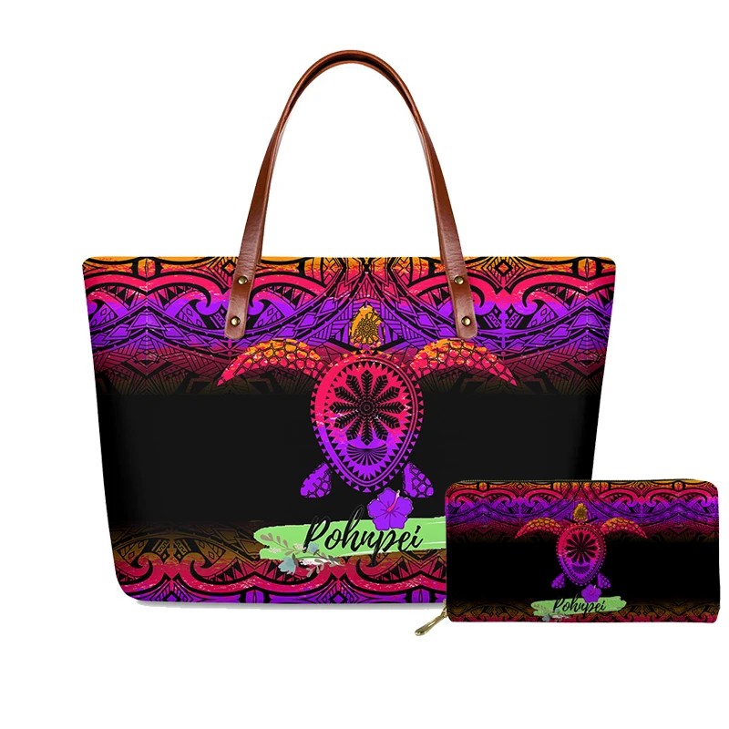 

FORUDESIGNS Neoprene Tote Bag Pohnpei Polynesian Samoa Turtle Print Handbags Purse Set Summer Beach Shoulder Bag and Wallet 2pcs