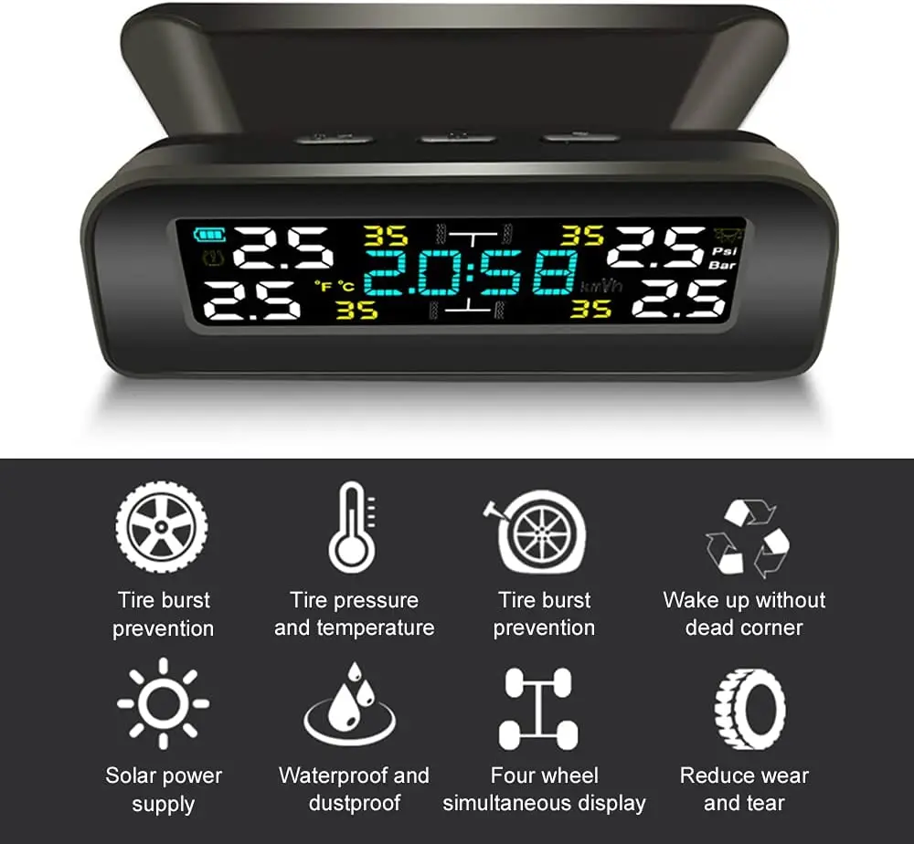 Universal TPMS Wireless Tire Pressure Monitoring System Solar Power Clock LCD Display 4 External Sensor Tire Pressure Sensors