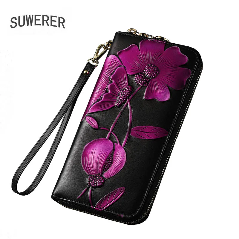 Women Genuine Leather wallet  Flower long Cowhide leather zipper Wallets High Quality Fashion Personality Clutch Bag