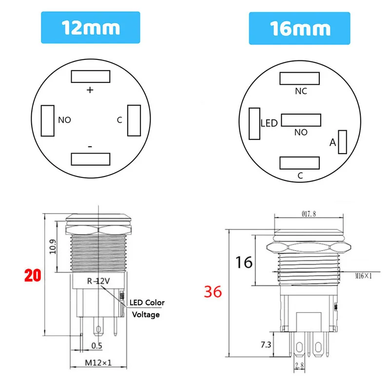 Metal Button Switch 12/16/19/22mm Car Engine Power Switch 3V 5v 12v 24v 220v LDE Light Momentary Self-locking Waterproof Button