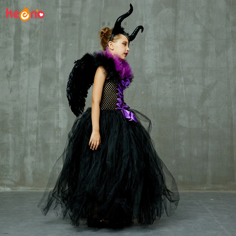 Evil Queen Black Gown Tutu Dress with Deluxe Horns and Wings Girls Villain Fancy Dress Kids Halloween Cosplay Witch Costume