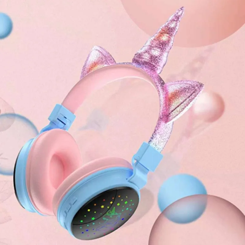 Headphone Bluetooth Nirkabel Anak Unicorn Bercahaya Headset Telinga Kucing Terpasang Di Kepala Headset Gaming Earphone Anak Perempuan Lucu Kartun