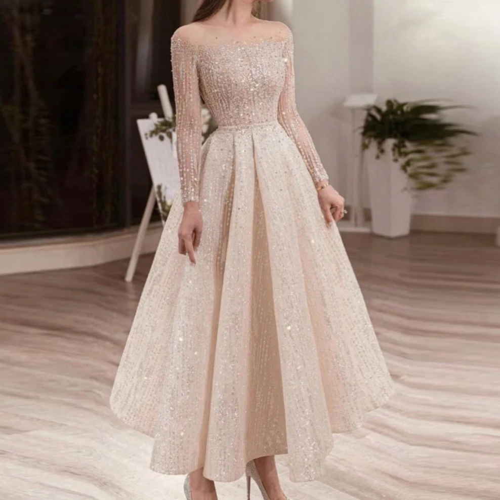 Sparkly Sheer Long Sleeves Evening Dresses Saudi Arabia A Line Robe De Soiree Illusion Neck Zipper Back Prom Party Gowns