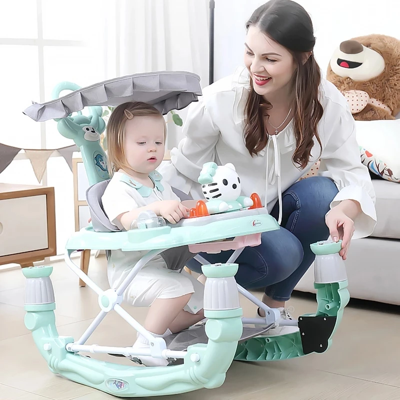 Foldable Baby Walker With Toy Anti-rollover Musical Walker Hand Push Trolley Rocking Horse For 6-18month