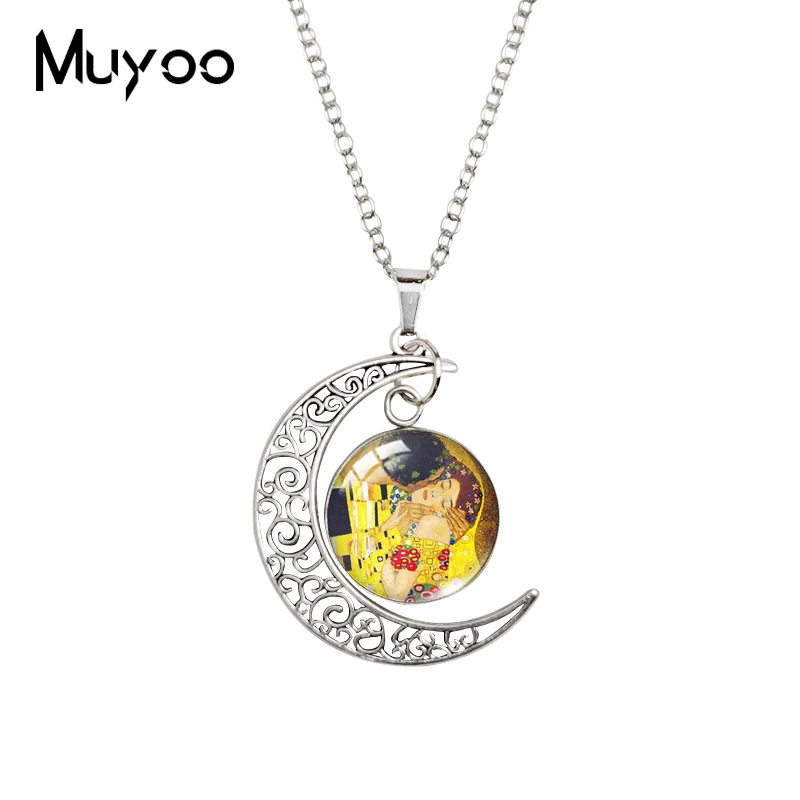 2020 New Golden Tears Moon Necklace Gustav Klimt Kiss Printed Oil Painting Pendant Glass Dome Pendants Jewelry