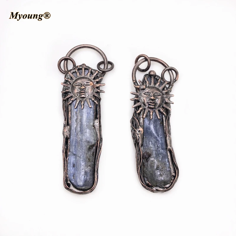 10PCS Boho Jewelry Soldering Bronze Plated Irregular Natural Kyanite Quartz Stone Vintage Sun Pendants MY210419