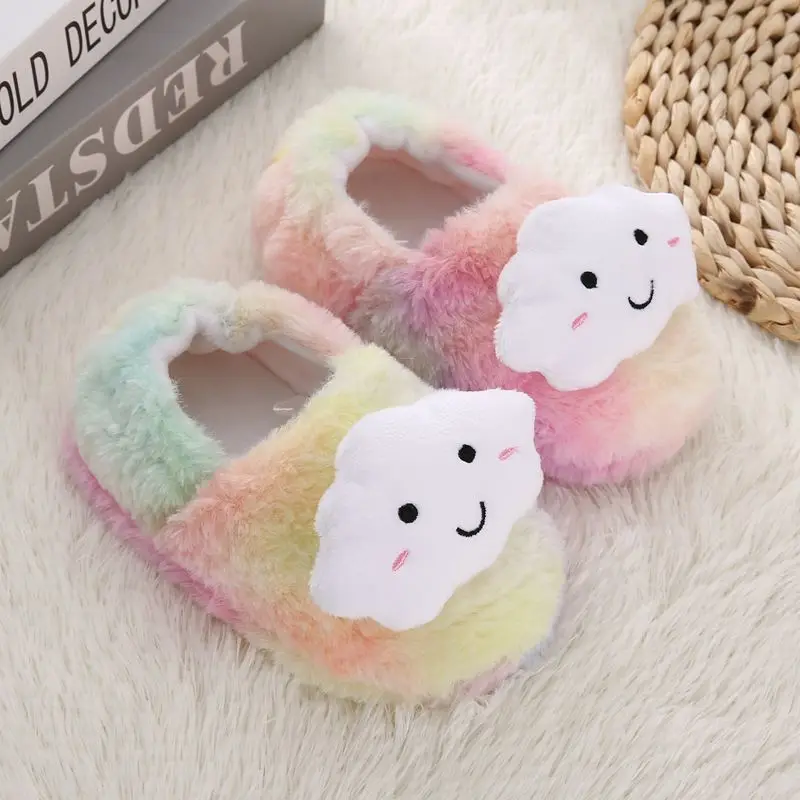 Baby Girls Cotton Slippers Winter Children Cute White Clouds Plush Slippers Boys Home Shoes Non-slip Warm Slipper