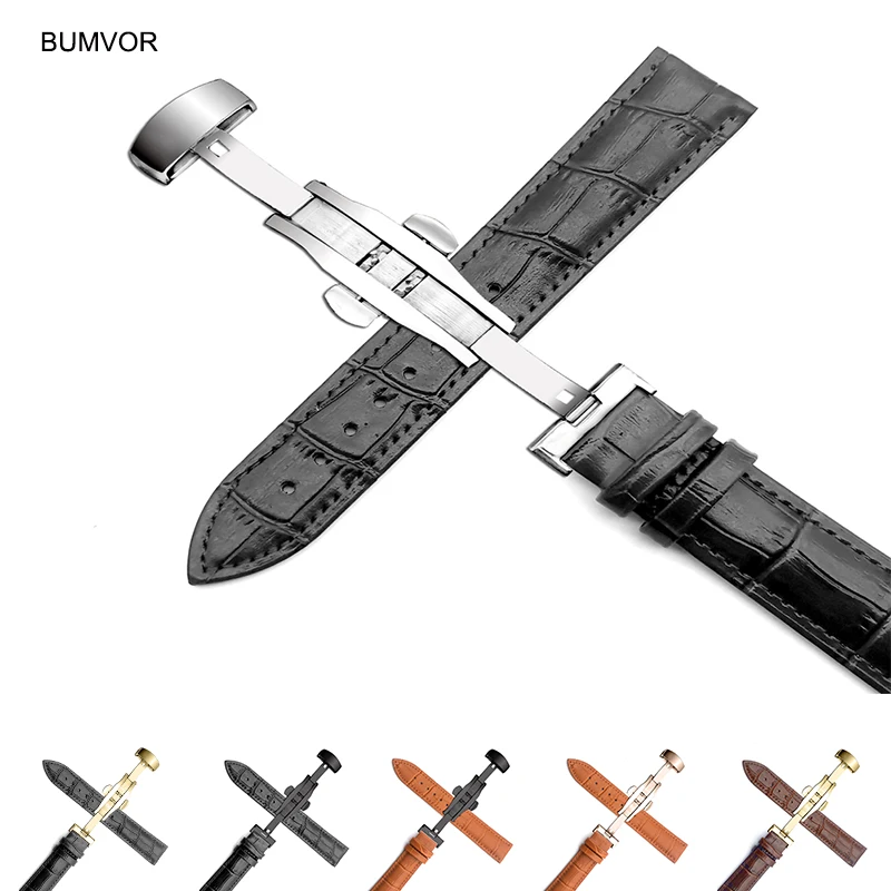 Leather Calfskin Strap Double Button Butterfly Clasp Watchband 16mm 18mm 20mm 22mm 24mm Steel Buckle Universal Wristband