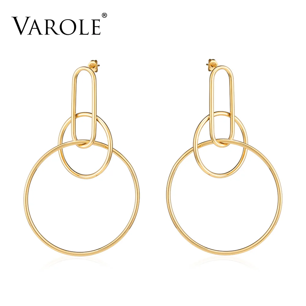 

VAROLE Big Round Geometry Earrings Gold Color Stainless Steel Long Drop Earrings For Women Earings Jewelry Gift