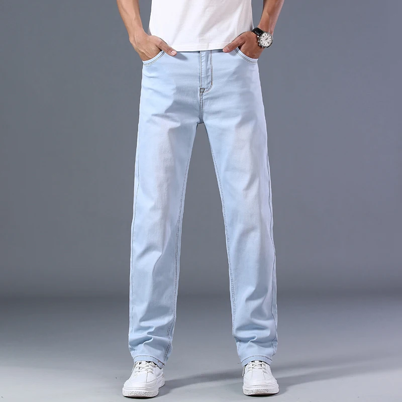 

2021 New Classic Stretch Loose Straight Denim Trousers Male Brand Pants Plus Size 40 42 44 Men's Thin Blue Jeans Advanced