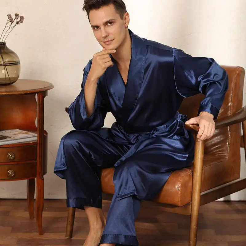 Vêtements de nuit deux pièces pour hommes, robe et pantalon trempés, peignoir Kimono, robe de bain, vêtements de nuit en satin d\'été, ensemble de