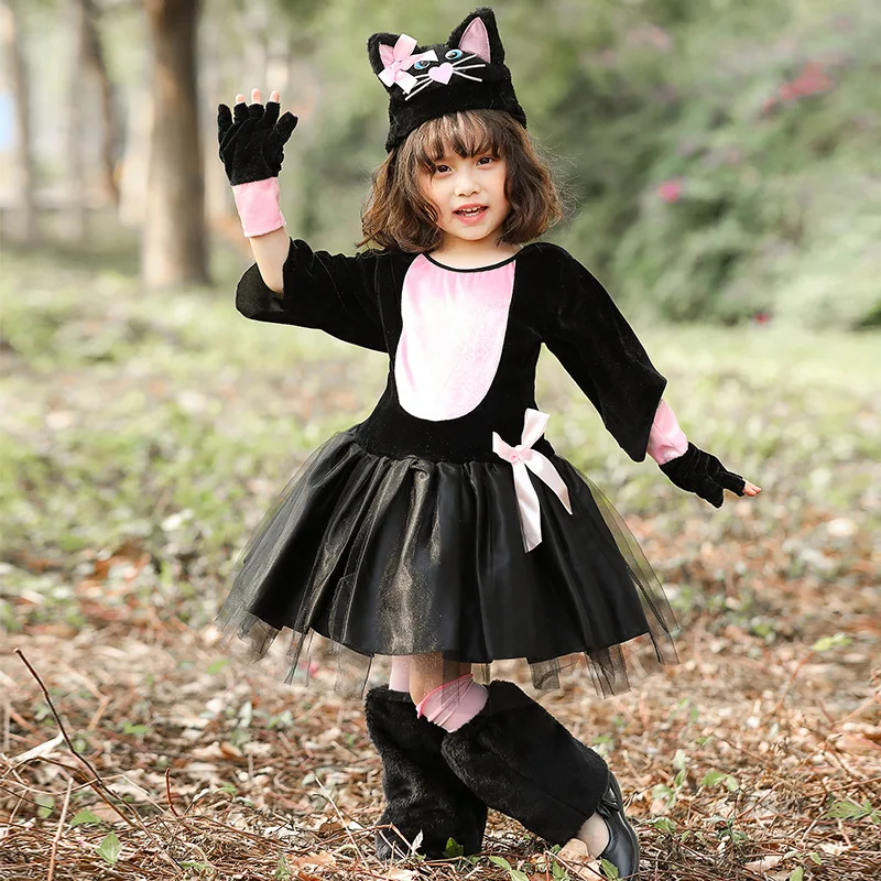 Umorden Kids dziecko śliczny różowy czarny kot Kitty kostium Cosplay Fantasia kostiumy na Halloween dla dziewczynek artystyczna sukienka