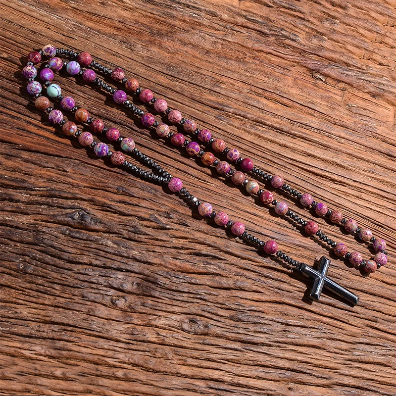 Natural Purple Emperor Jasper Catholic Christ Hematite Cross Pendant Necklace Meditation Mala Beads Rosary Men and Women Jewelry