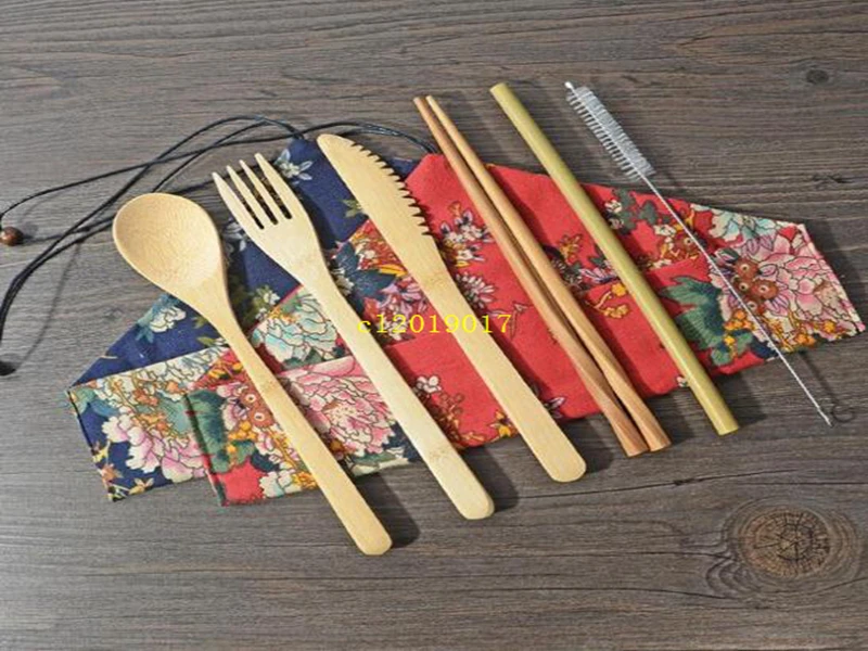 100sets Japanese Bamboo Cutlery Set Bamboo Cutlery Straw Cutlery Set With Cloth Bag Kitchen Cooking Tools